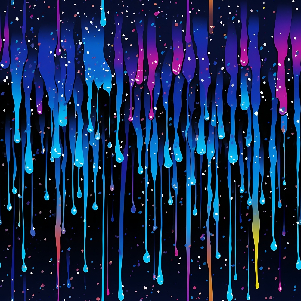 Dripping colorful paint streaks against a dark background, resembling a starry night sky.