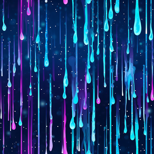 Abstract image featuring vertical streaks of dripping paint in shades of blue, purple, and pink against a dark background with small white specks.