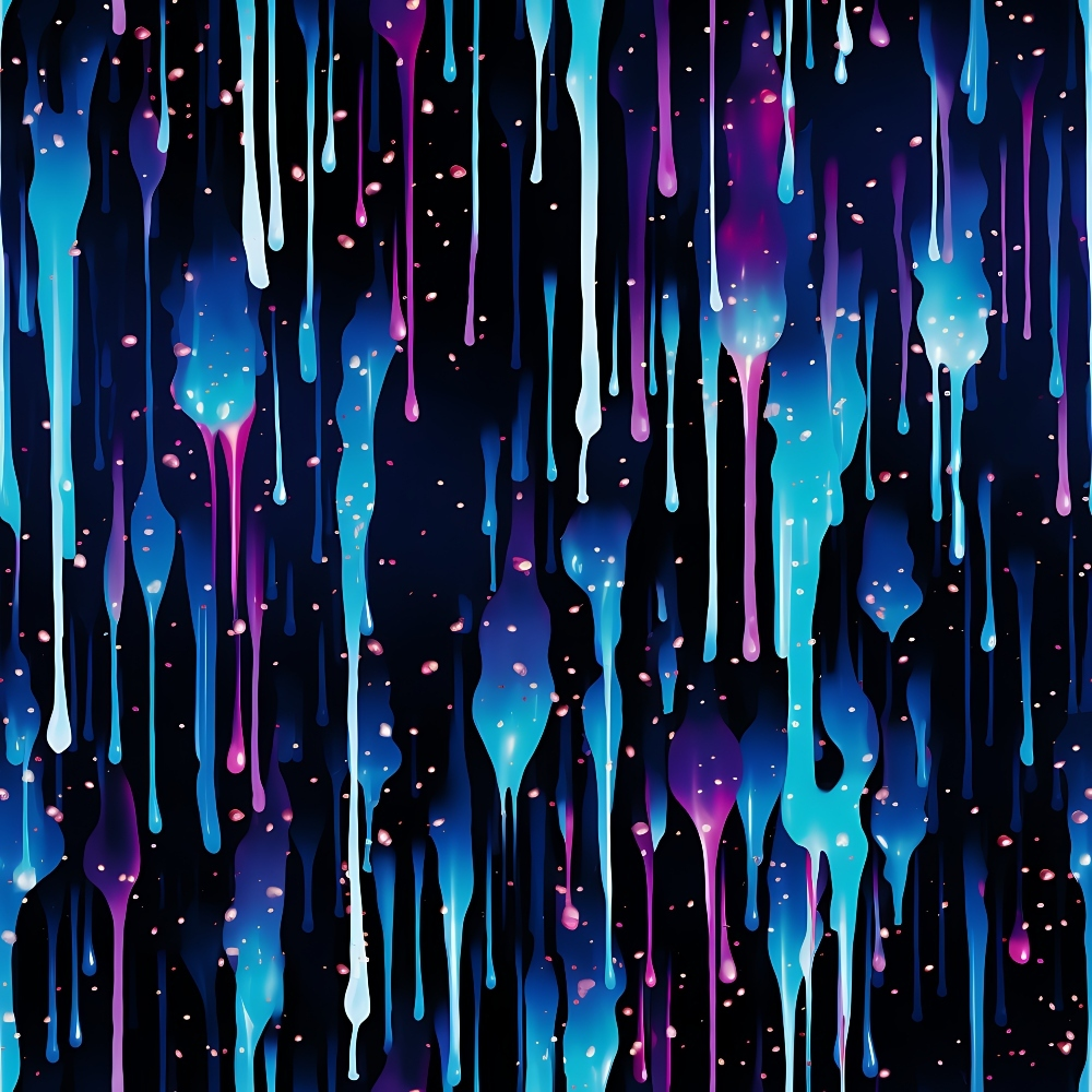 Abstract image with drips of blue, purple, and pink paint on a dark background, creating a flowing, fluid pattern.