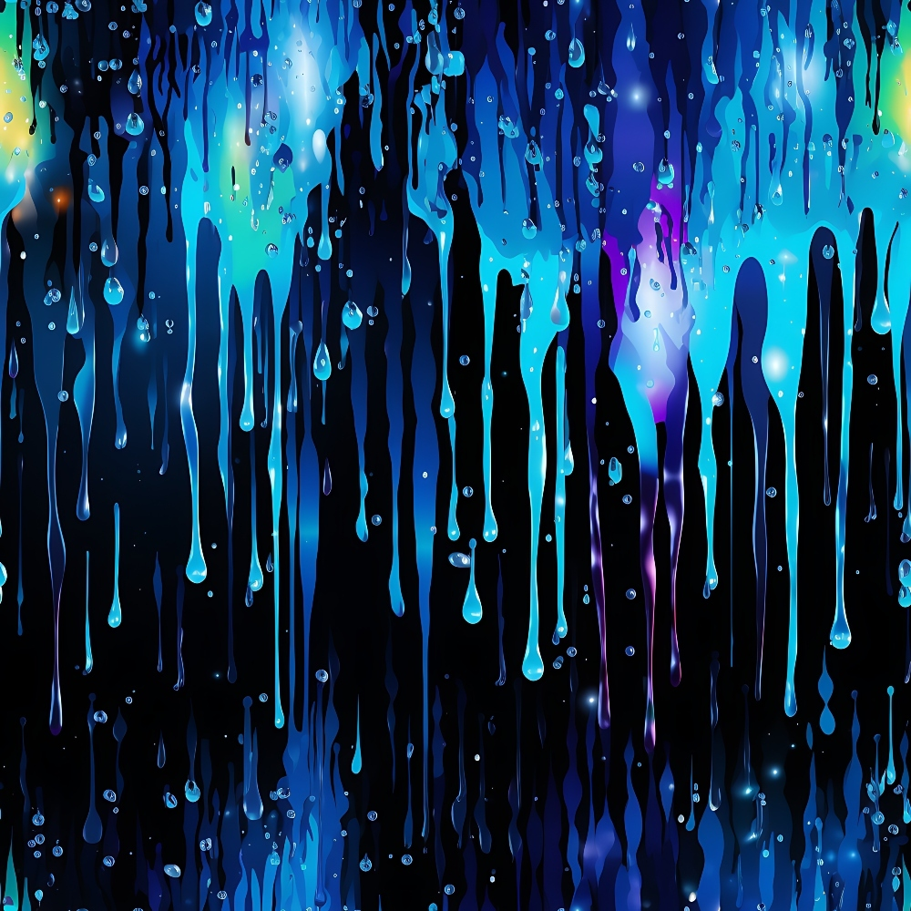 A colorful digital art piece featuring dripping neon paint in various shades of blue, purple, and green against a dark background.