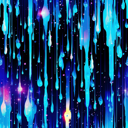 Abstract image of blue and purple vertical drips resembling falling liquid or rain on a dark background, with sparkling star-like accents.