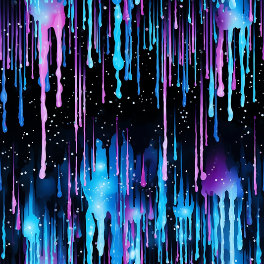 Abstract drips of pink, blue, and purple paint on a black background, resembling a vibrant, dripping galaxy.