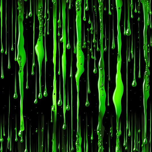 Bright green liquid drips down against a black background, resembling slime or paint, creating a vivid contrast.