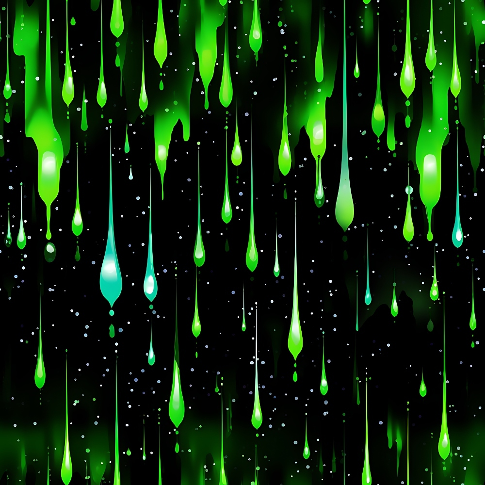 Bright green and blue droplets hang and drip against a black background speckled with white dots, creating a glowing and cosmic effect.