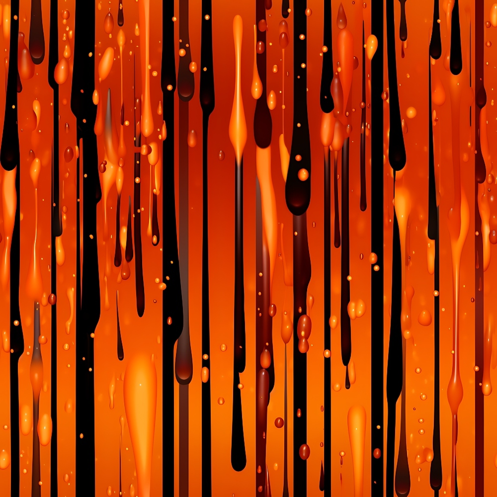 Abstract image of vertical streaks and drips in varying shades of orange and black, resembling paint or liquid flowing down a surface.