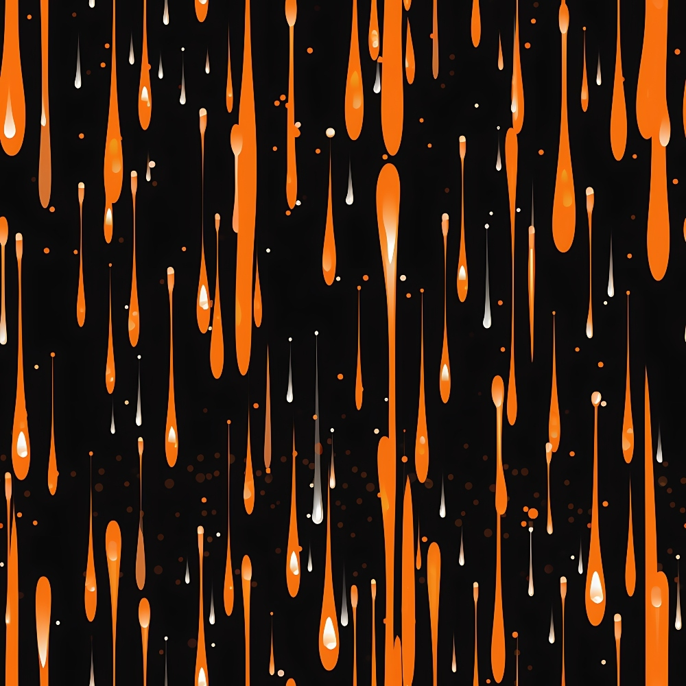 Abstract pattern of elongated orange and white droplets on a black background.