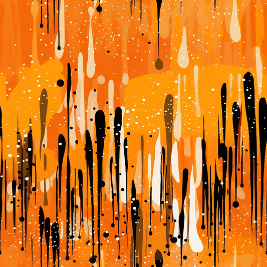 Abstract artwork featuring vertical drips and splatters in orange, black, white, and beige tones.