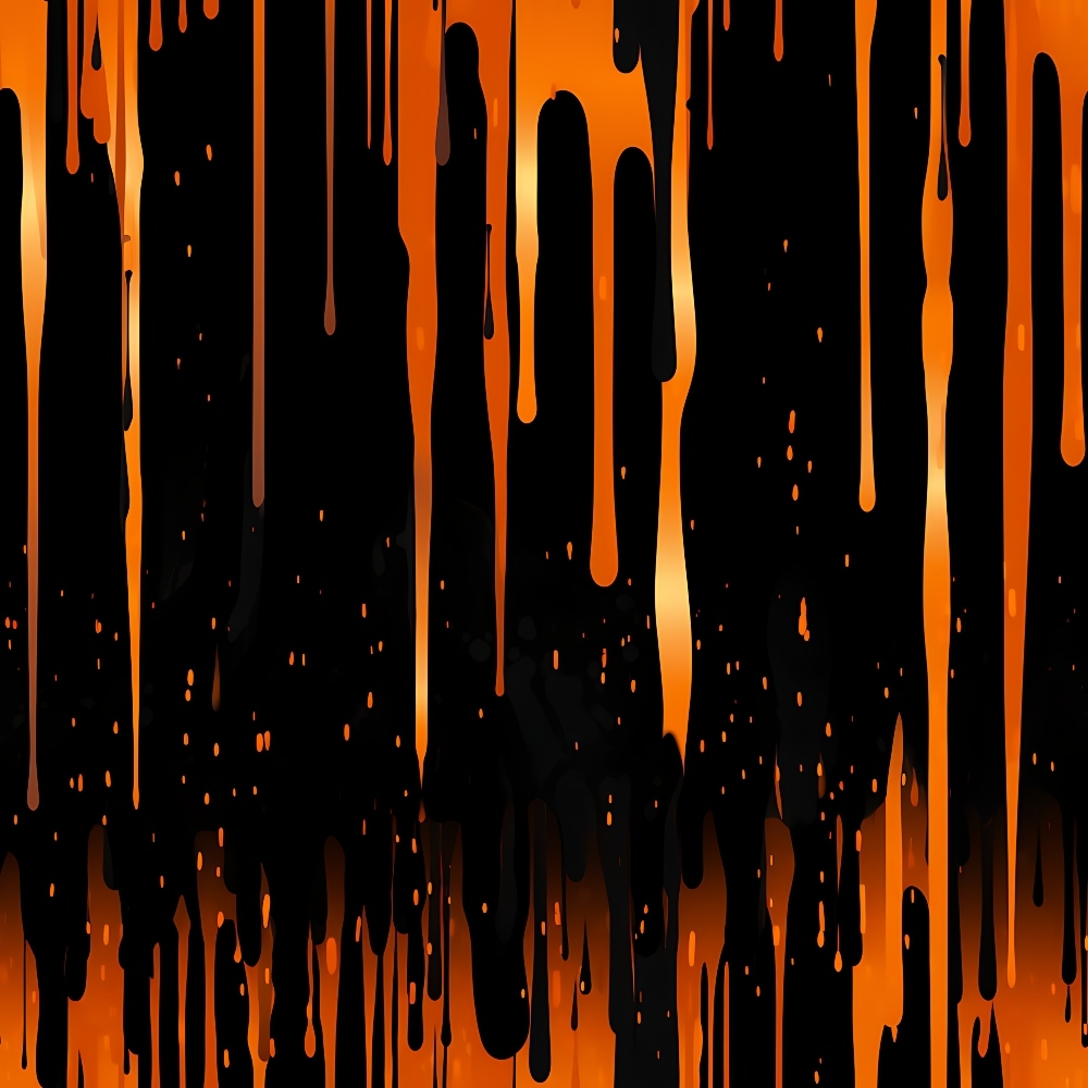 Abstract artwork featuring vertical drips of orange and black on a dark background.