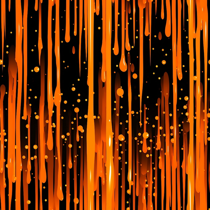 Abstract image of orange and yellow vertical drips and dots against a black background.