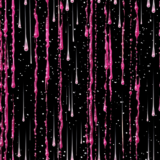 Pink paint drips down against a black background, with droplets of various sizes creating a vertical streaked pattern.