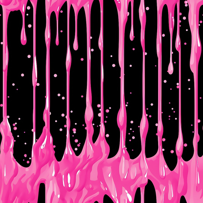 Pink liquid paint drips down against a black background, with some small bubbles appearing throughout.