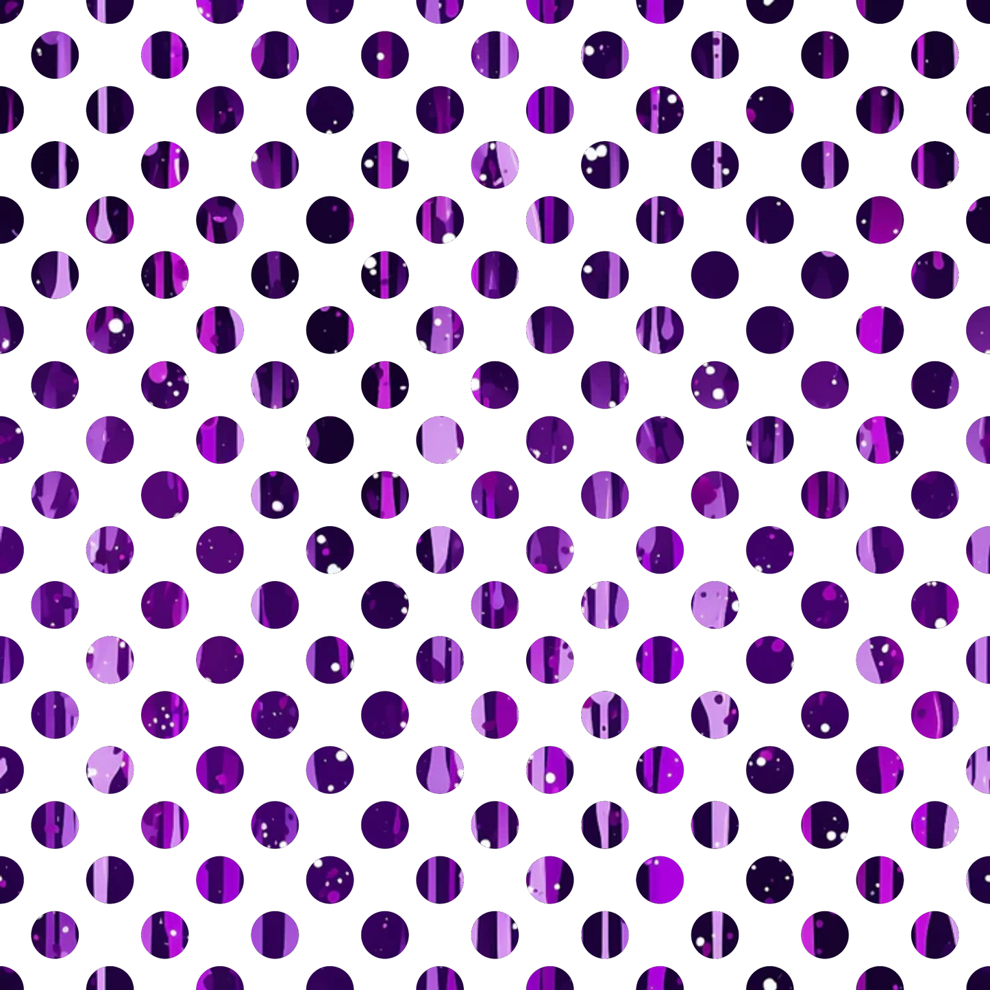 purple, violet, magenta, polka dots, circular pattern, dripping liquid, glossy texture, metallic finish, quilting cotton, fabric panel, geometric design, repetitive pattern, shimmery surface, modern style, contemporary art, abstract design, crafting material, sewing fabric