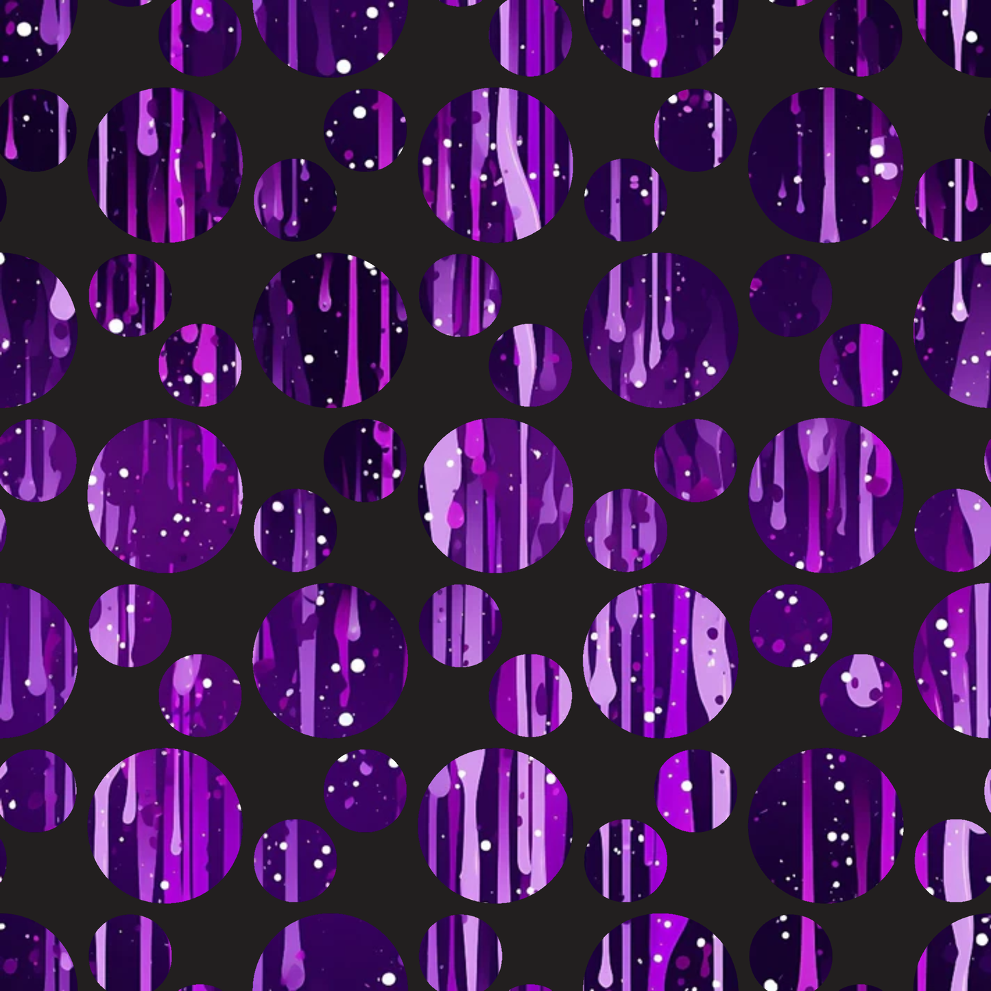 purple, magenta, violet, lavender, black, dripping liquid, abstract drops, geometric circles, modern pattern, contemporary design, quilting cotton, fabric panel, liquid motion, flowing design, bubble pattern, digital print, crafting material, sewing fabric, artistic design, vibrant colors
