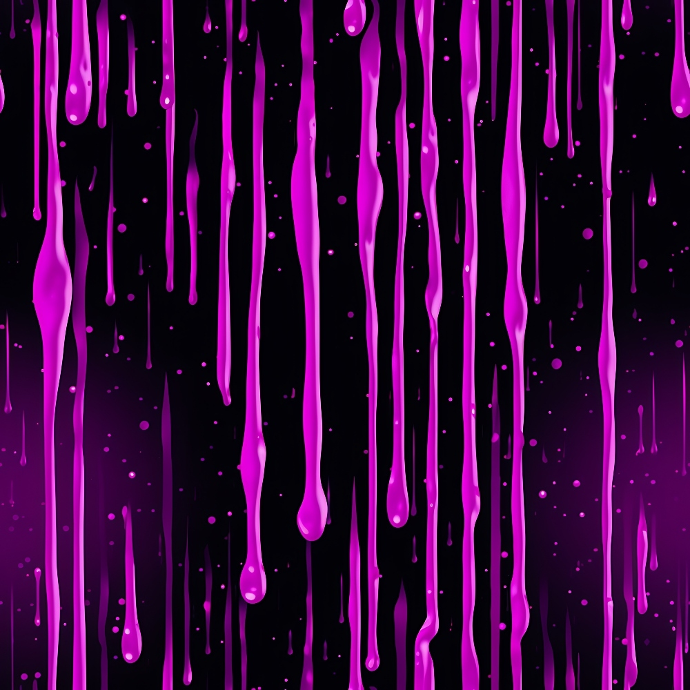 Dripping pink paint streaks vertically against a black background, with scattered droplets throughout.