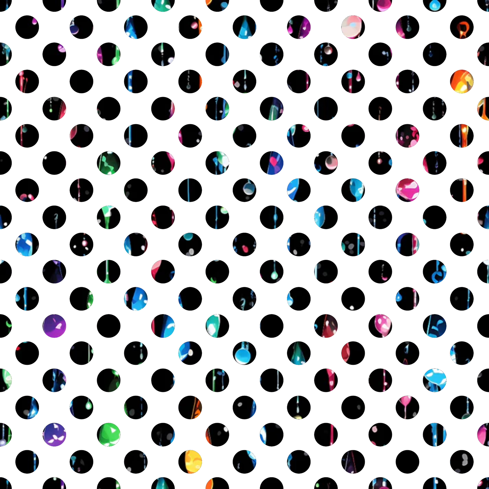 rainbow colors, dripping liquid, iridescent, holographic effects, black circles, polka dots, geometric pattern, vibrant hues, oil slick colors, abstract design, quilting cotton, fabric panel, metallic sheen, prismatic colors, circular motifs, liquid drops, colorful splashes, modern pattern, contemporary design