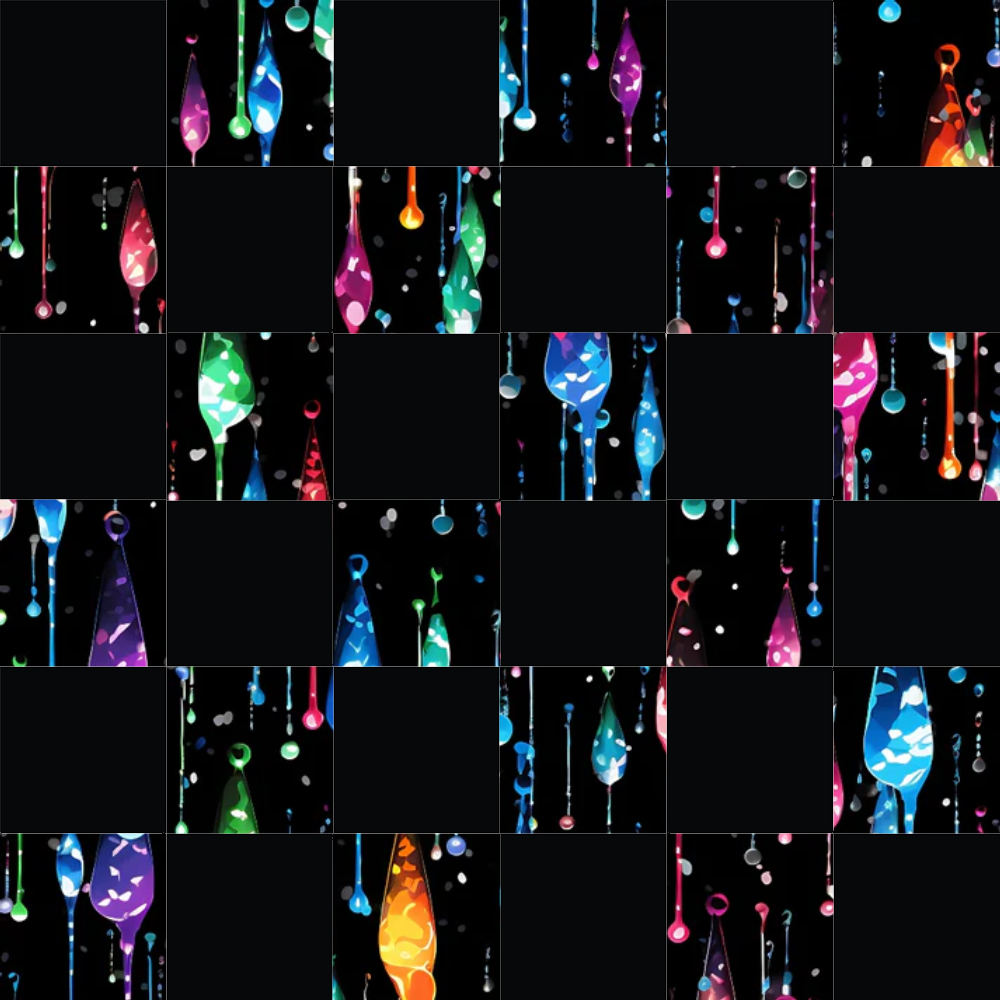 dripping liquid, rainbow colors, geometric drops, abstract pattern, vibrant hues, neon bright, colorful drips, flowing design, modern art, quilting cotton, fabric panel, electric blues, hot pink, lime green, orange glow, purple shades, black background, contemporary style, liquid motion, artistic drops