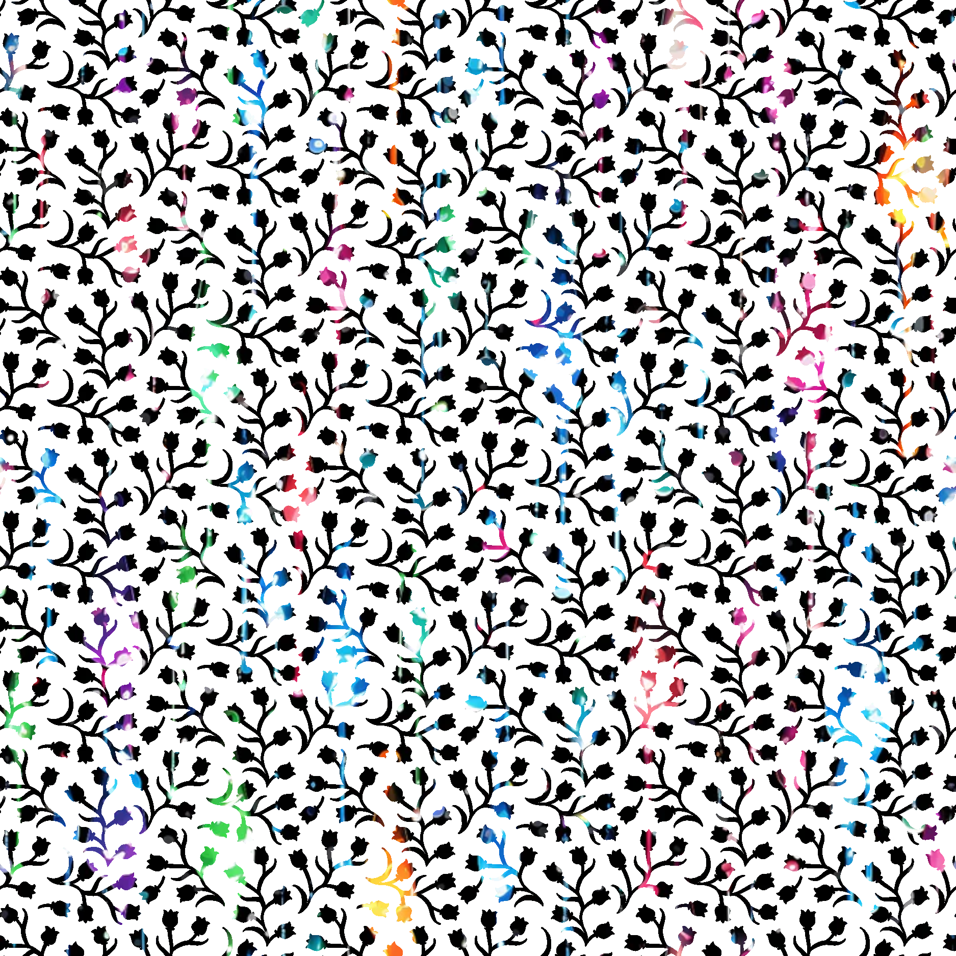 dripping rainbow, liquid pattern, multicolored, black silhouettes, botanical motifs, leaf branches, flowing design, abstract drips, vibrant colors, quilting cotton, fabric panel, repeating pattern, organic shapes, nature inspired, colorful splatters, branch silhouettes, flowing liquid, rainbow hues, cotton fabric, crafting material