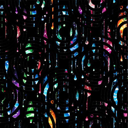 dripping liquid, rainbow colors, iridescent effect, holographic, prismatic, multicolored droplets, flowing pattern, abstract design, psychedelic, vibrant hues, black background, neon colors, liquid motion, contemporary art, modern pattern, quilting cotton, fabric panel, colorful drops, chromatic, kaleidoscopic