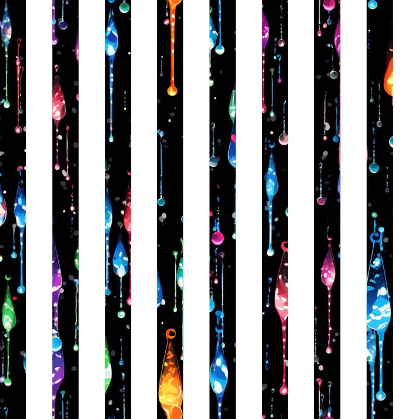 dripping liquid, rainbow colors, vibrant drops, vertical stripes, black background, blue droplets, purple liquid, orange drops, pink fluid, green drops, multicolored pattern, abstract design, flowing motion, quilting cotton, fabric panel, modern art style, colorful streaks, liquid motion, geometric drops, contemporary pattern
