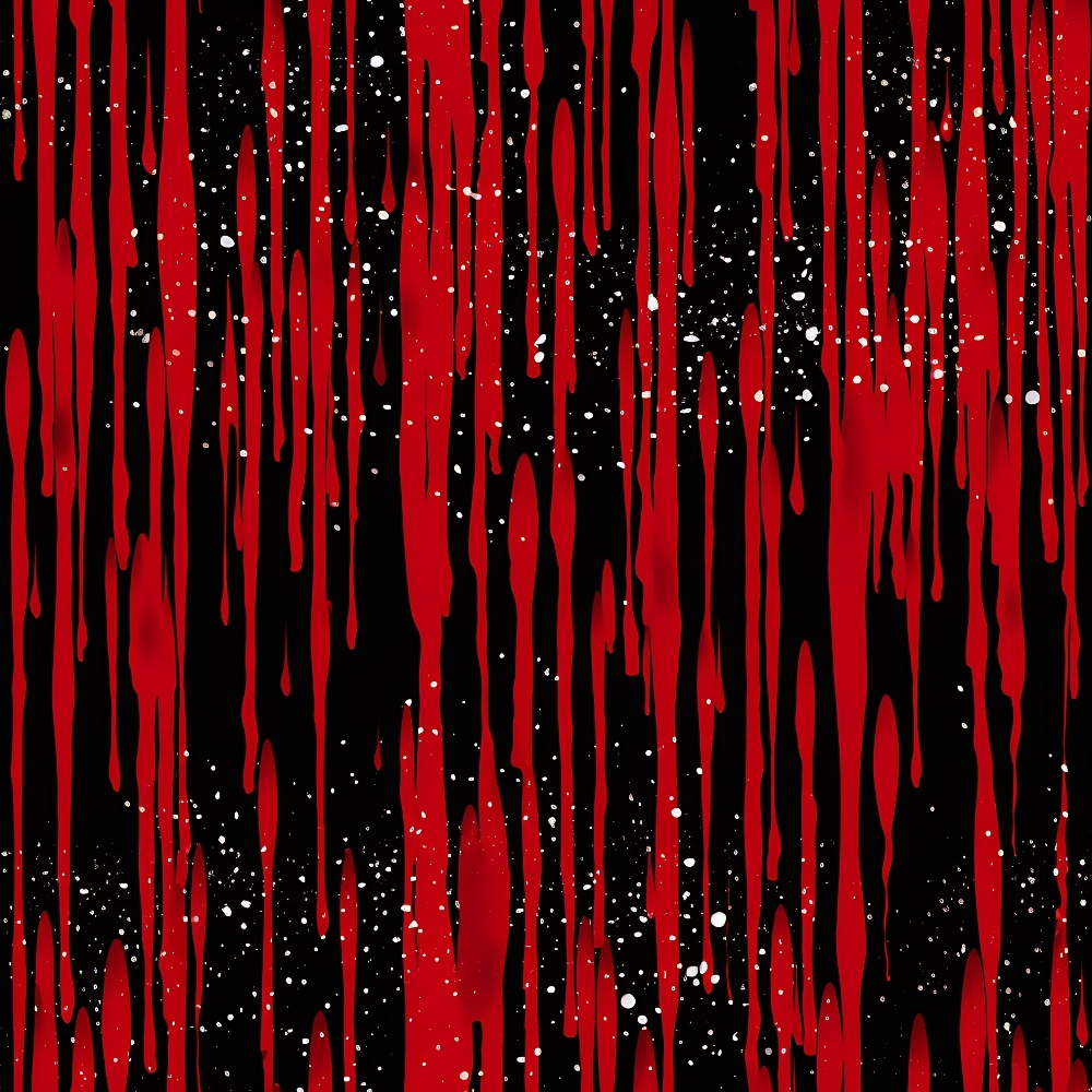 Red paint dripping vertically on a black background, with small white splatters throughout.