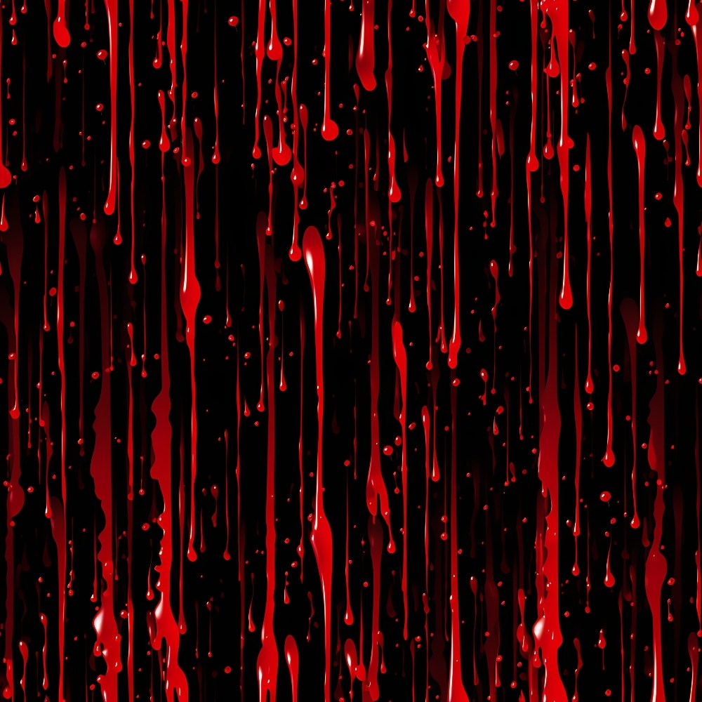 Red paint drips down a black background, creating a fluid, vertical pattern.