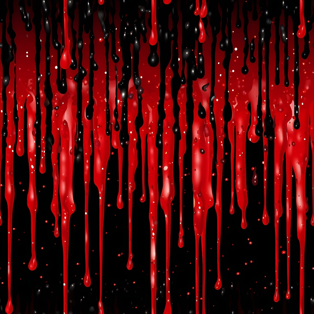 Red and black paint drips vertically against a dark background, creating a dramatic and abstract pattern.