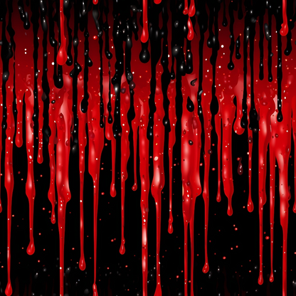 Red and black paint drips vertically against a dark background, creating a dramatic and abstract pattern.