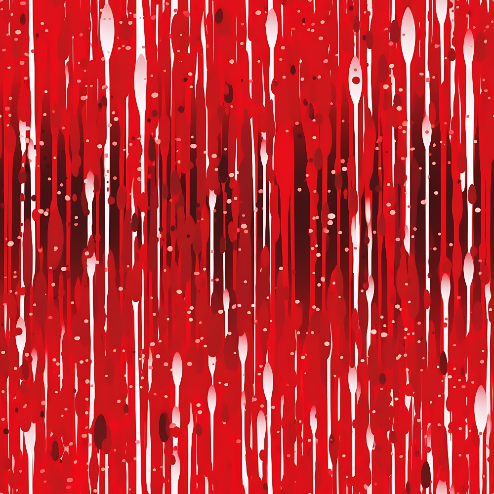 Abstract image featuring vertical red and white streaks and dots on a red background, resembling dripping paint or flowing liquid.