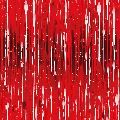 Abstract image featuring vertical red and white streaks and dots on a red background, resembling dripping paint or flowing liquid.