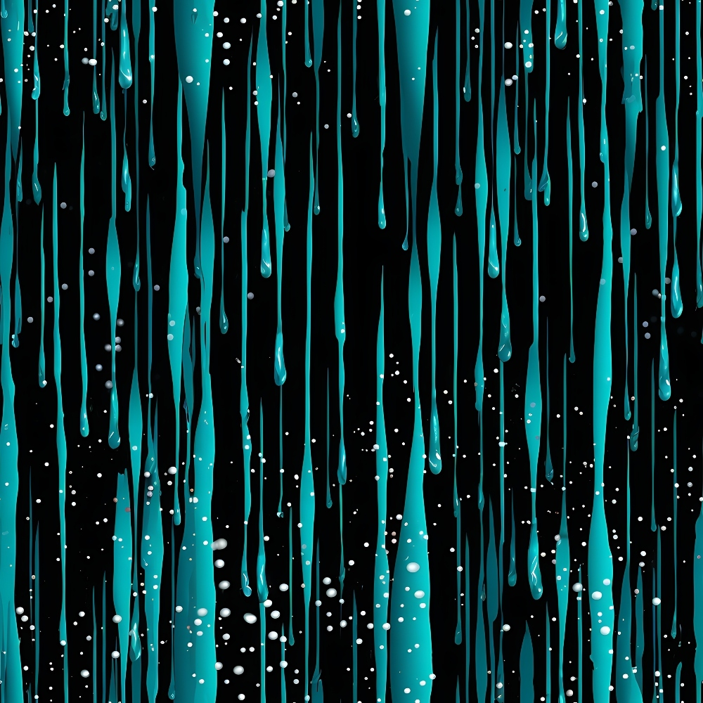 Abstract image of thin turquoise paint drips on a black background, interspersed with small white dots.