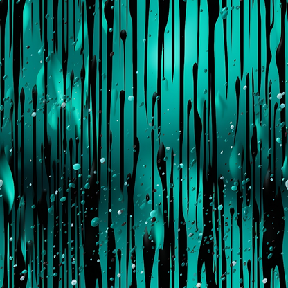 A teal and black abstract pattern featuring vertical drips and various-sized droplets.