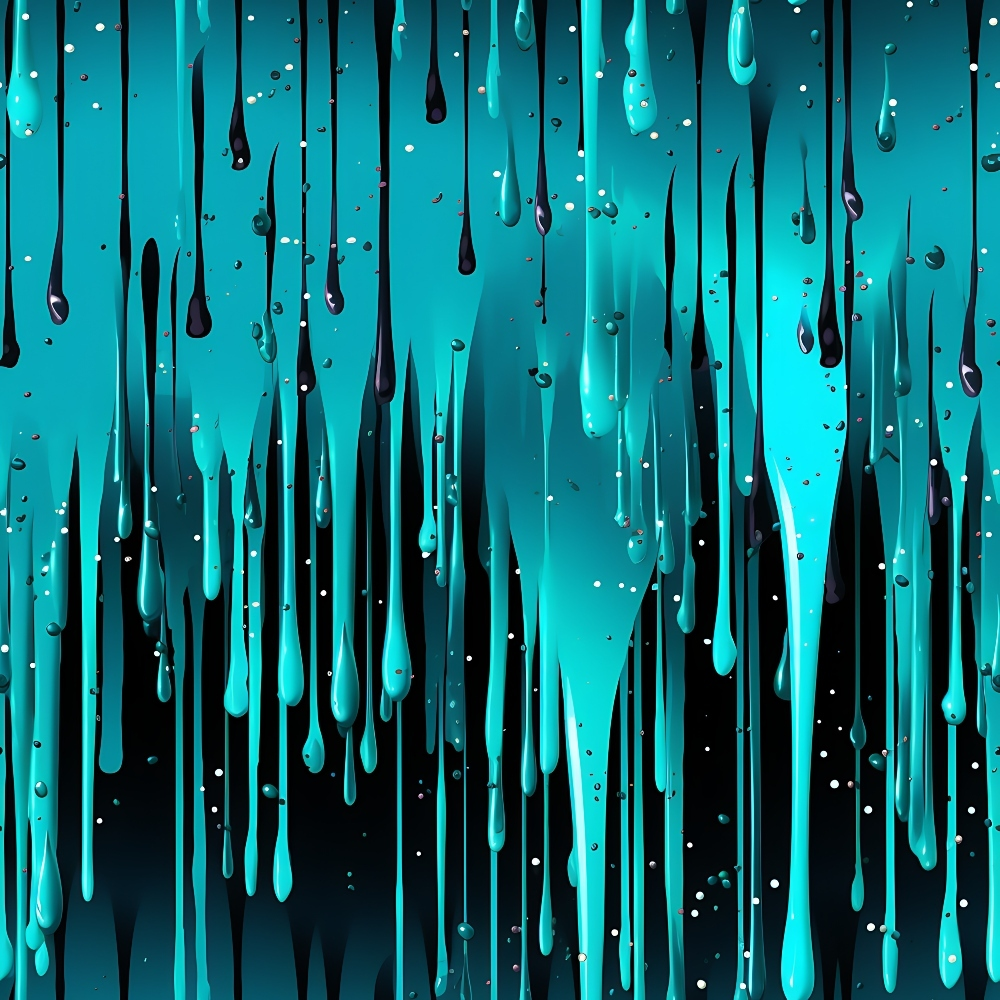 Abstract artwork of blue and teal paint drips on a black background.