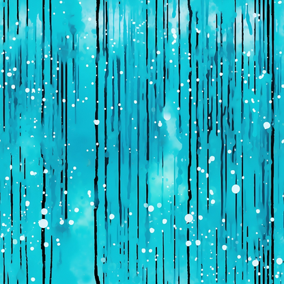 Abstract image with vertical black streaks on a textured turquoise background, scattered with white splatters, resembling rain or paint drips.