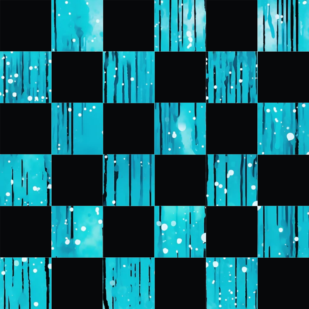 turquoise, cyan, black, dripping, liquid drops, abstract pattern, modern design, flowing lines, water droplets, geometric blocks, checkerboard layout, quilting cotton, fabric panel, contemporary art, fluid motion, bubble effects, artistic blocks, crafting material, sewing fabric, patchwork squares