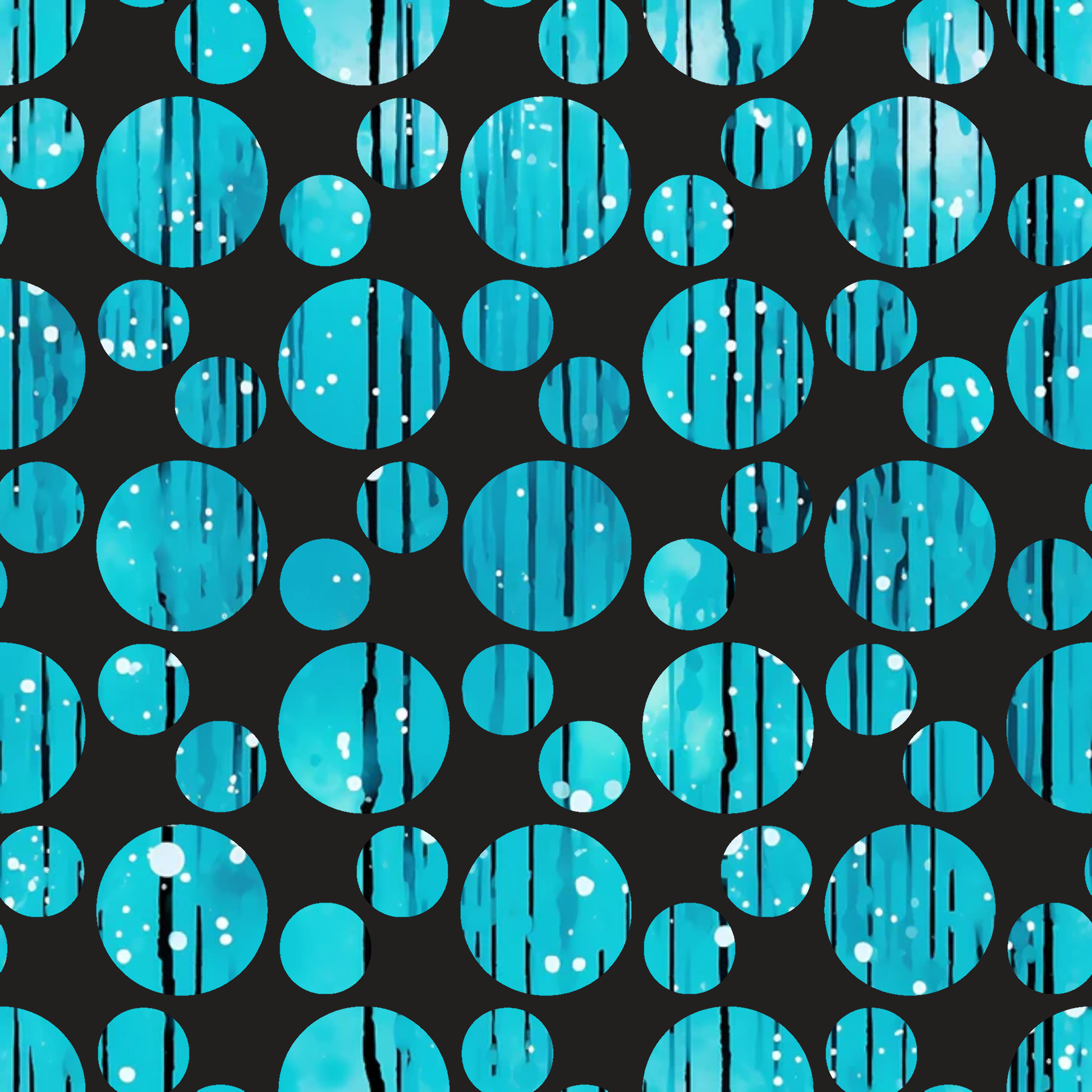 turquoise, aqua, teal, black background, dripping pattern, liquid drops, flowing design, geometric circles, polka dots, abstract pattern, modern style, contemporary, quilting cotton, fabric panel, water droplets, rainfall effect, vertical drips, circular windows, vibrant blue, artistic design