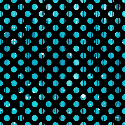 turquoise, aqua, teal, cyan, black background, polka dots, circular pattern, geometric design, liquid effect, dripping pattern, reflective dots, shimmery circles, modern abstract, contemporary style, quilting cotton, fabric panel, crafting material, vibrant blue, metallic shine, repetitive motif