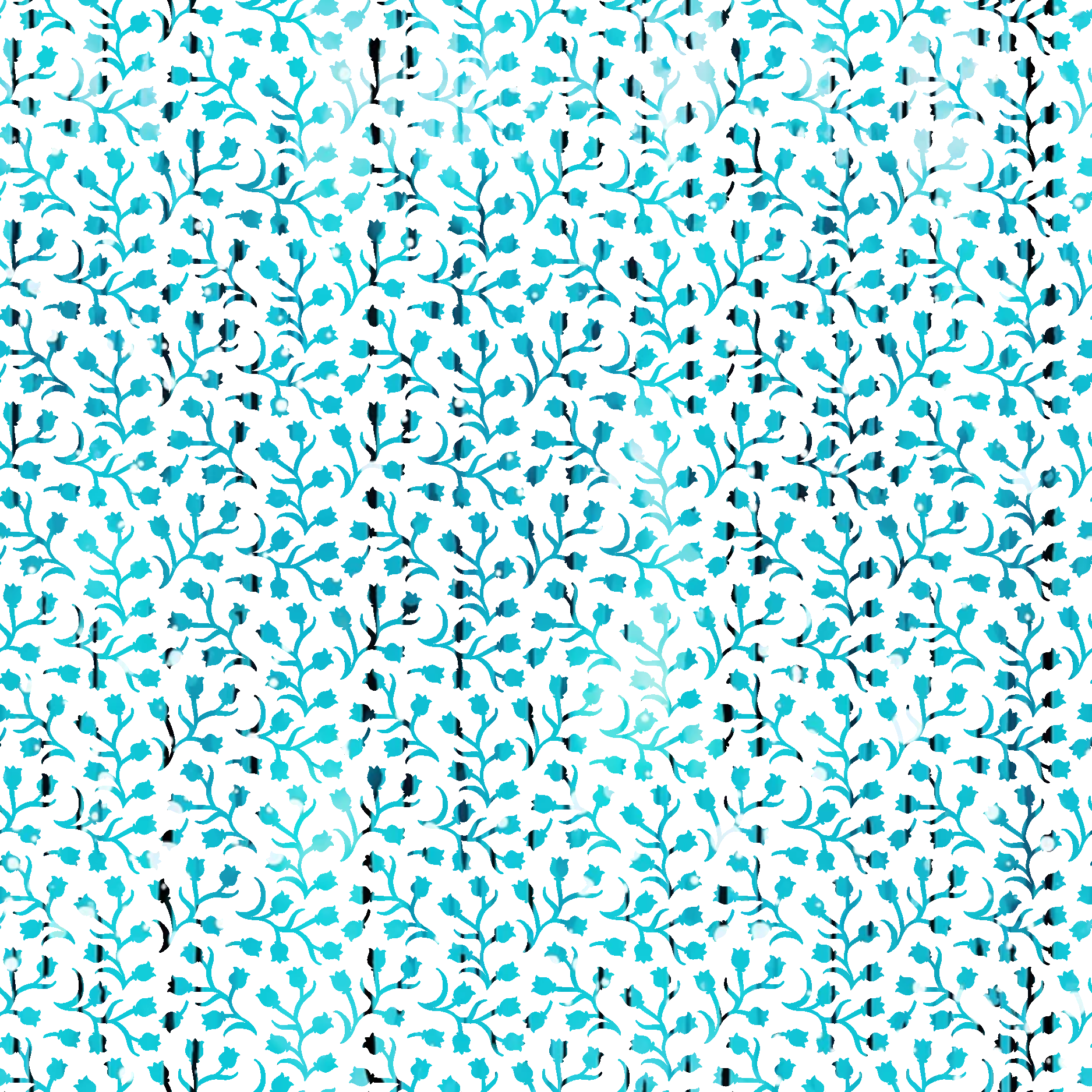 turquoise, aqua, teal, white, black, floral pattern, botanical design, branching vines, small flowers, organic motifs, repeating pattern, quilting cotton, fabric panel, nature inspired, delicate blooms, scattered florals, flowing branches, contemporary style, crafting material, sewing fabric