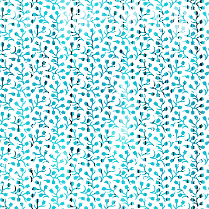 turquoise, aqua, teal, white, black, floral pattern, botanical design, branching vines, small flowers, organic motifs, repeating pattern, quilting cotton, fabric panel, nature inspired, delicate blooms, scattered florals, flowing branches, contemporary style, crafting material, sewing fabric