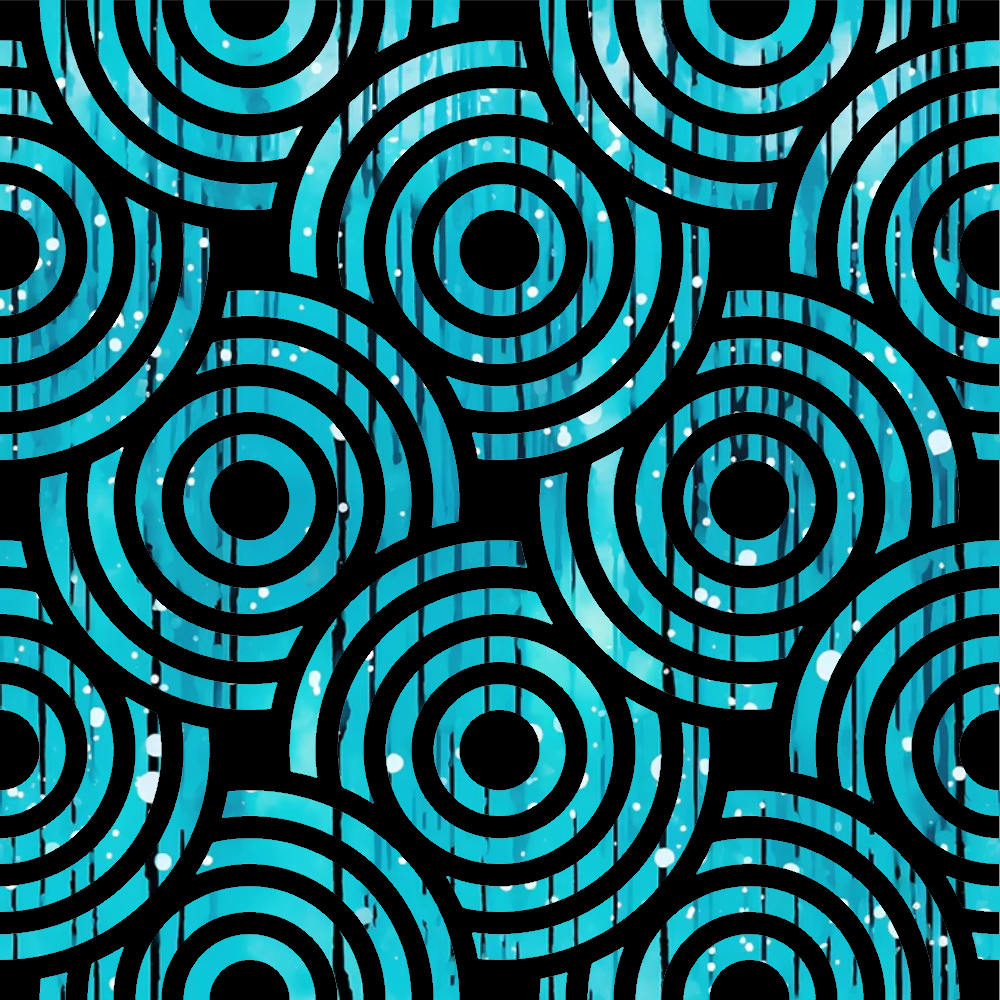 turquoise, black, concentric circles, geometric pattern, ripples, water rings, abstract design, modern style, quilting cotton, fabric panel, repetitive motif, circular design, contemporary pattern, crafting material, sewing fabric, vibrant colors, optical illusion, wave pattern, artistic design