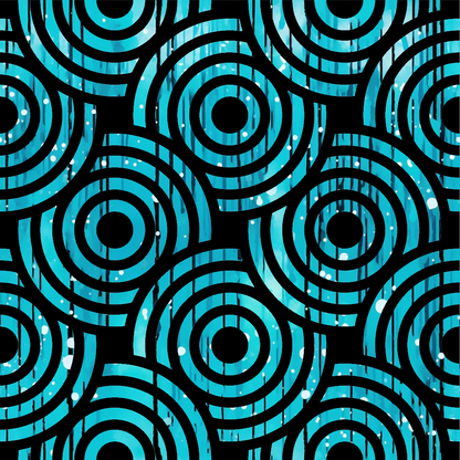 turquoise, black, concentric circles, geometric pattern, ripples, water rings, abstract design, modern style, quilting cotton, fabric panel, repetitive motif, circular design, contemporary pattern, crafting material, sewing fabric, vibrant colors, optical illusion, wave pattern, artistic design