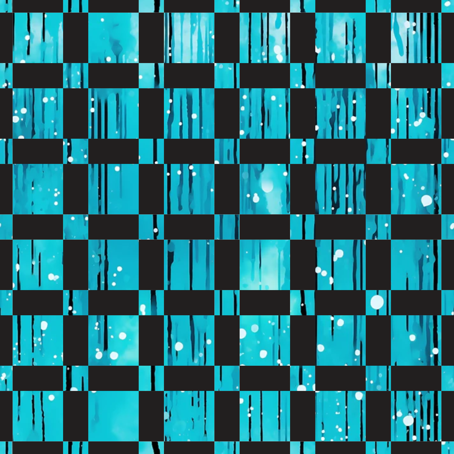 turquoise, aqua, teal, black, checkerboard pattern, dripping liquid, paint drips, flowing streams, white bubbles, modern abstract, contemporary design, geometric squares, quilting cotton, fabric panel, liquid motion, dripping effect, checkered grid, abstract art, flowing patterns, bubble accents