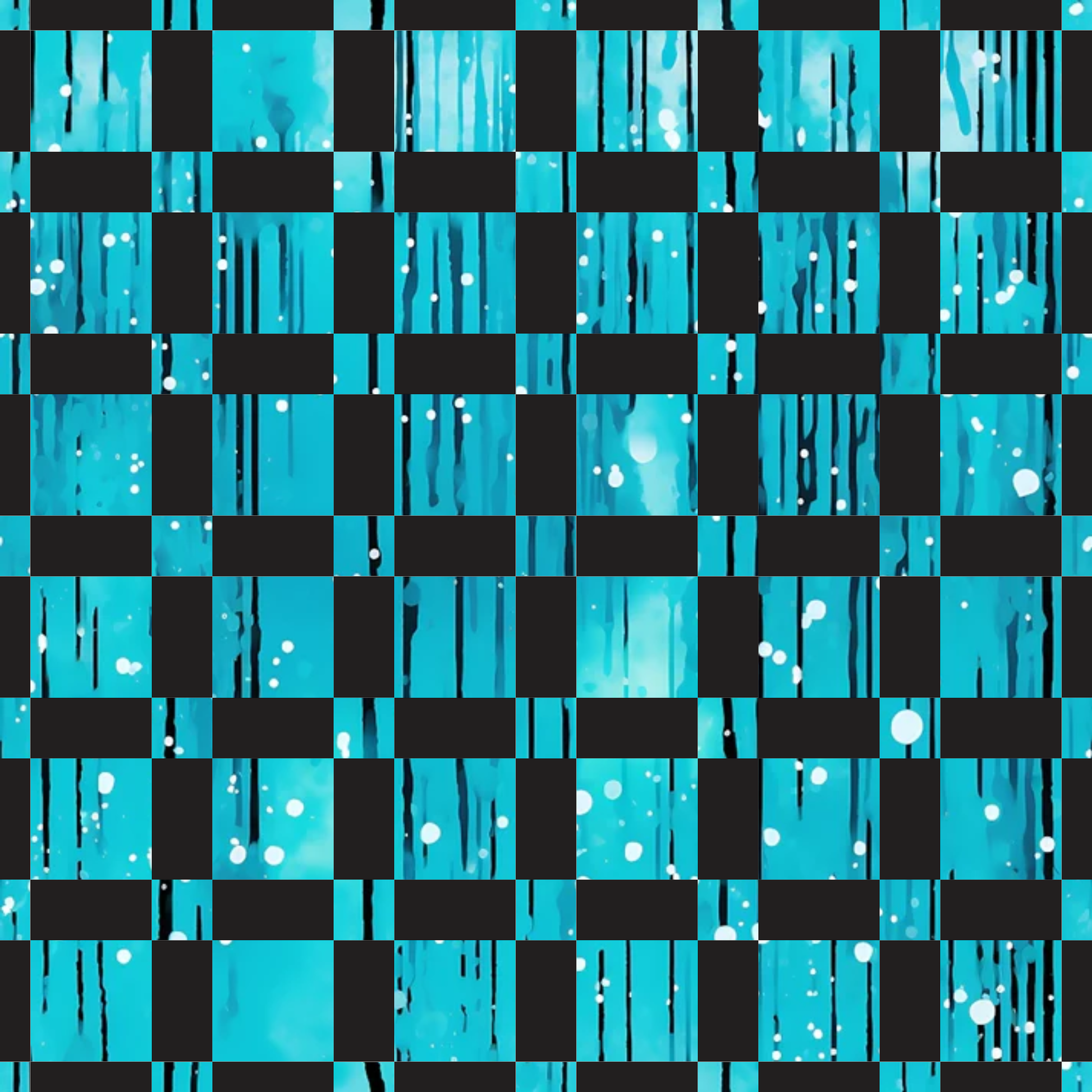 turquoise, aqua, teal, black, checkerboard pattern, dripping liquid, paint drips, flowing streams, white bubbles, modern abstract, contemporary design, geometric squares, quilting cotton, fabric panel, liquid motion, dripping effect, checkered grid, abstract art, flowing patterns, bubble accents
