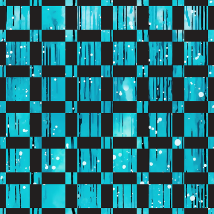 turquoise, aqua, teal, black, checkerboard pattern, dripping liquid, paint drips, flowing streams, white bubbles, modern abstract, contemporary design, geometric squares, quilting cotton, fabric panel, liquid motion, dripping effect, checkered grid, abstract art, flowing patterns, bubble accents