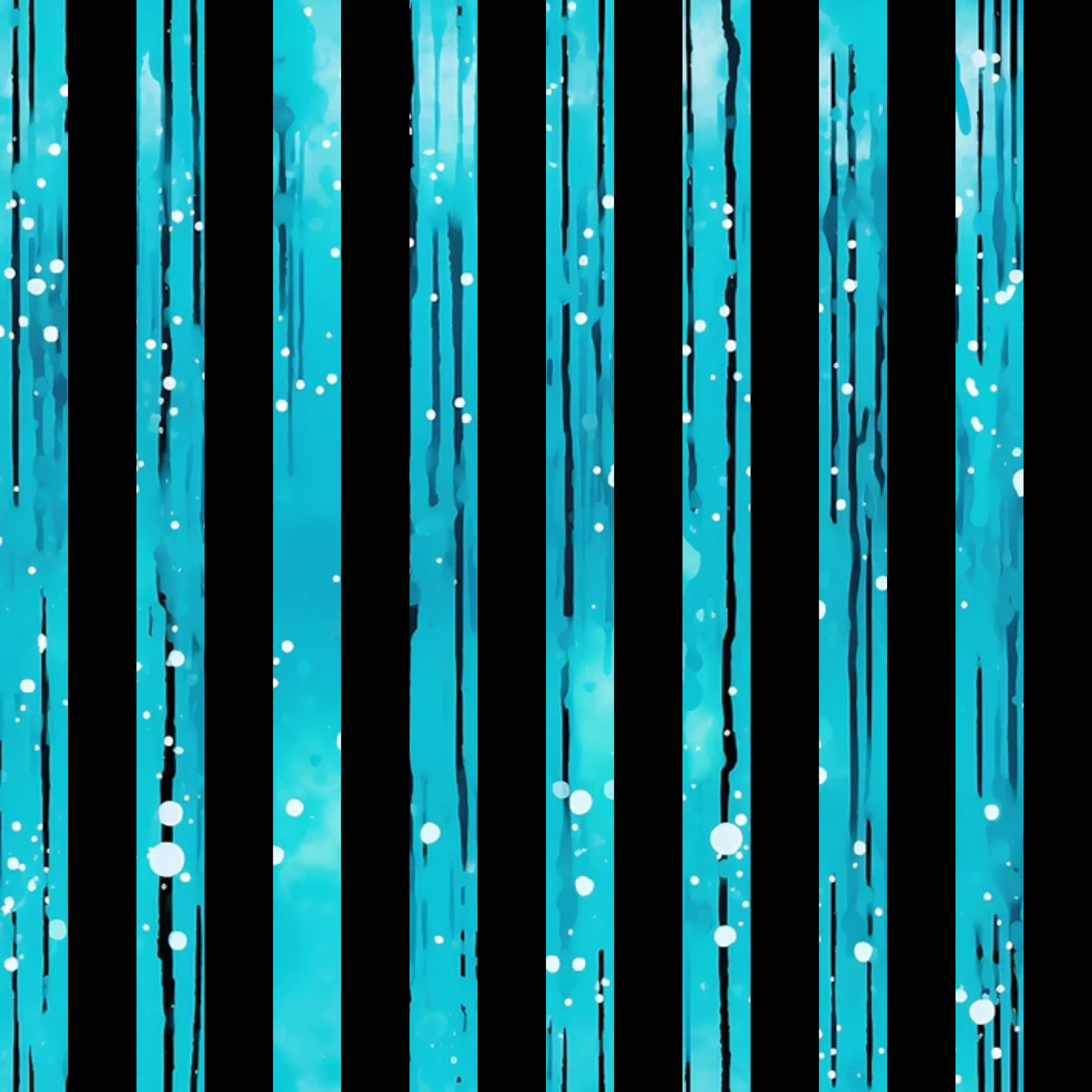 turquoise, aqua, cyan, black, dripping liquid, vertical stripes, paint drips, flowing streams, water drops, bubbles, splashes, modern abstract, contemporary design, quilting cotton, fabric panel, liquid motion, streaming pattern, wet paint effect, artistic drips, fluid design