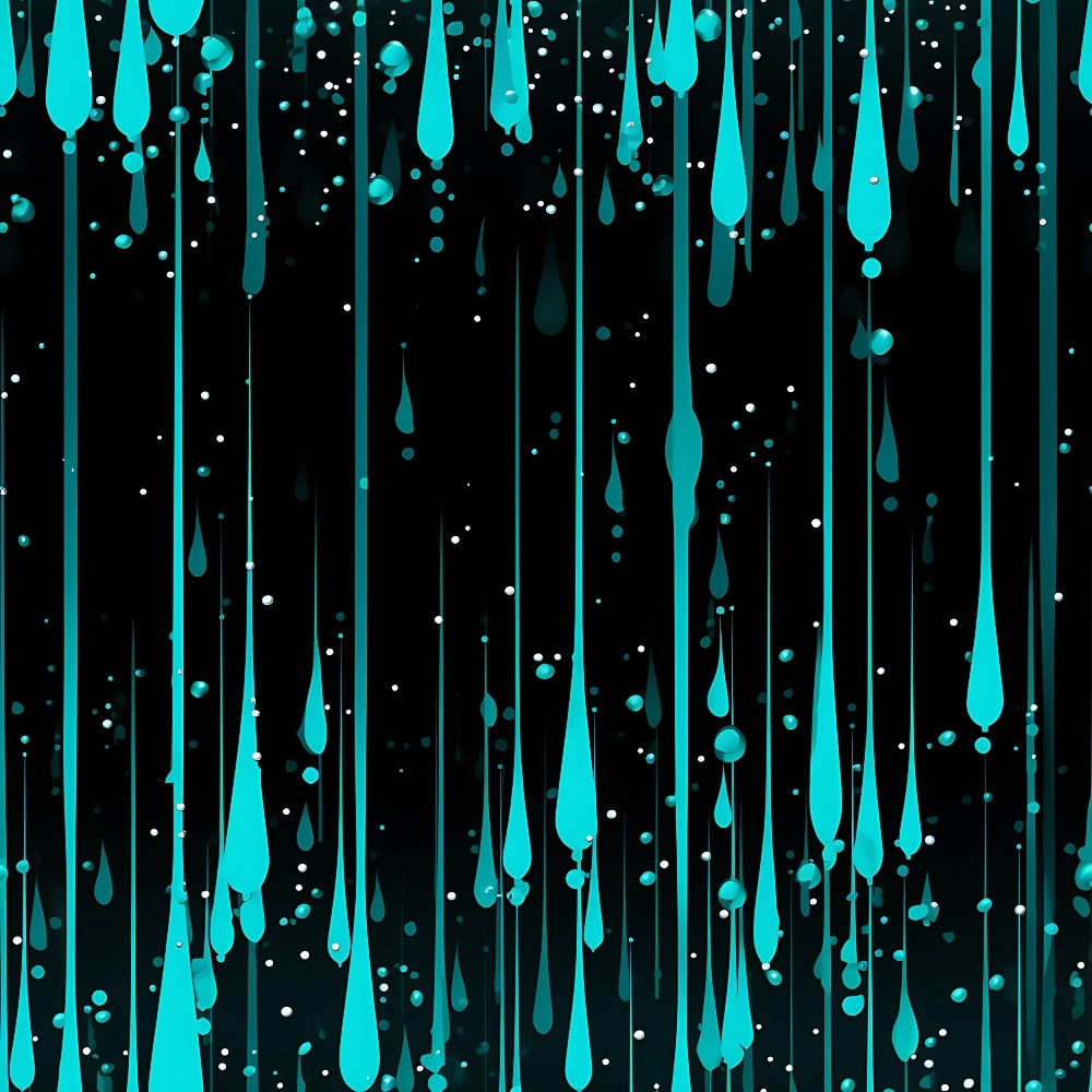 Abstract teal liquid drops cascading against a black background with small white specks.