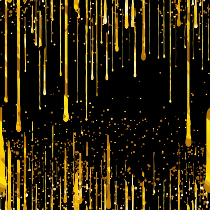 Gold paint drips vertically against a black background, with scattered gold splatters throughout the image.