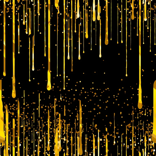 Gold paint drips vertically against a black background, with scattered gold splatters throughout the image.