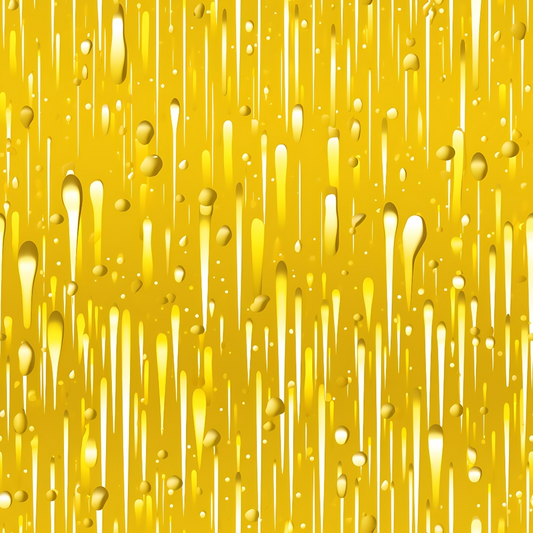 Dripping honey texture with vertical streaks and droplets on a bright yellow background.