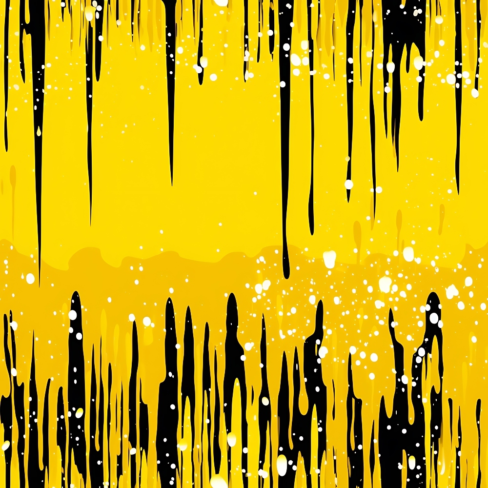 Abstract painting with black drips and white splatters on a yellow background, creating a striking contrast.