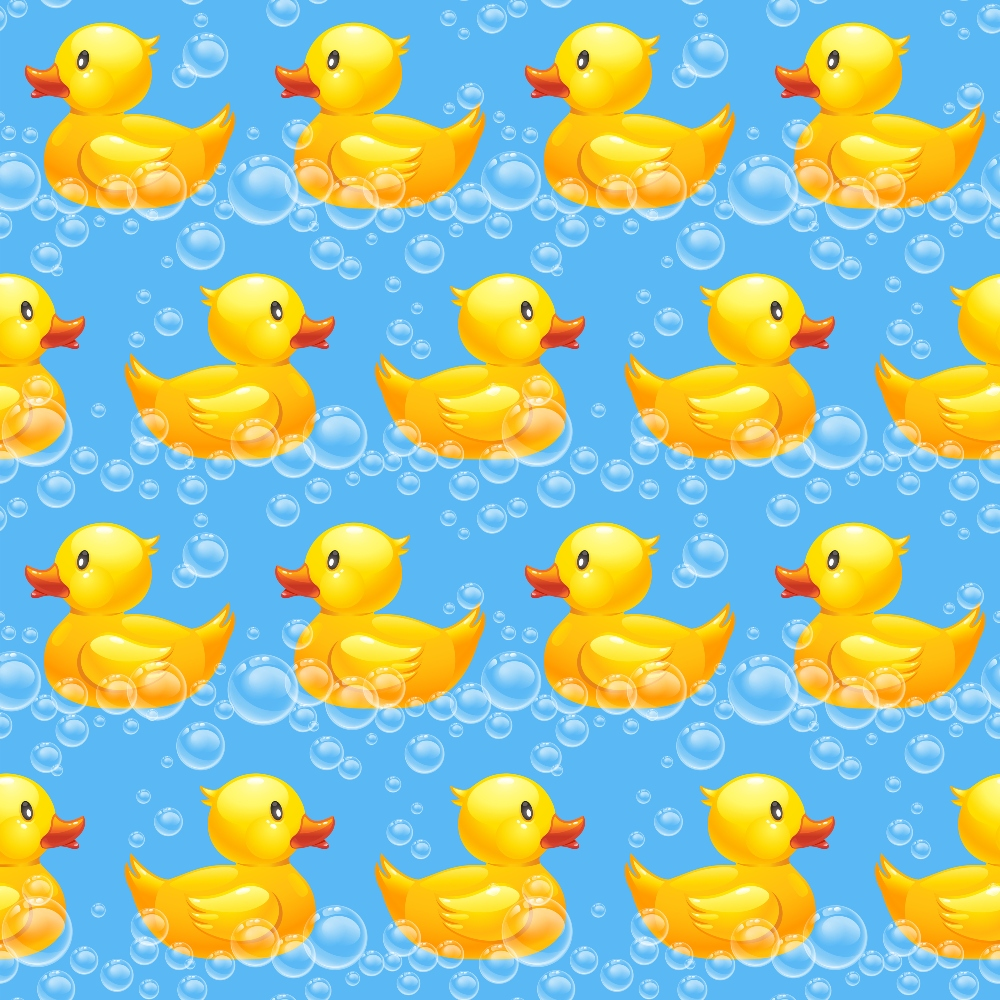 Pattern of yellow rubber ducks with orange beaks and bubbles on a blue background.